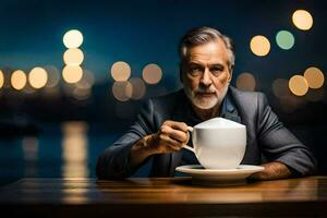 un plus âgée homme dans une costume en portant une tasse de café. généré par ai photo