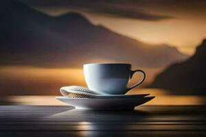 café tasse et soucoupe sur une table avec montagnes dans le Contexte. généré par ai photo