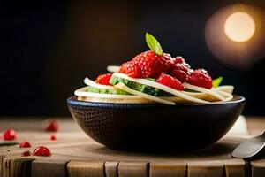 une bol de Pâtes avec des fraises et basilic. généré par ai photo