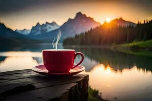 une tasse de café sur une en bois table dans de face de une Lac à lever du soleil. généré par ai photo