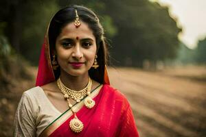 une femme dans traditionnel Indien tenue pose pour une portrait. généré par ai photo