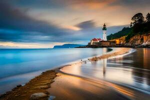 une phare est assis sur le rive de une plage à le coucher du soleil. généré par ai photo