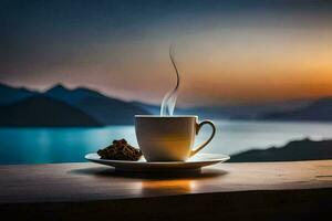 café tasse sur le table avec montagnes dans le Contexte. généré par ai photo