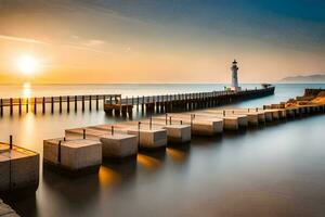 une longue exposition photographier de une jetée à le coucher du soleil. généré par ai photo