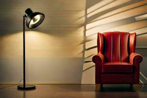 une rouge chaise et une lampe dans une chambre. généré par ai photo