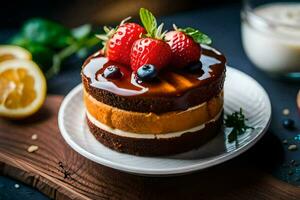 une gâteau avec des fraises et myrtilles sur Haut. généré par ai photo