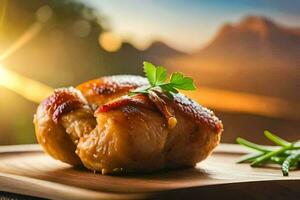 une pièce de poulet sur une en bois planche avec une le coucher du soleil dans le Contexte. généré par ai photo