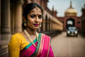 une magnifique Indien femme dans une coloré sari. généré par ai photo