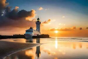 une croisière navire amarré à le plage à le coucher du soleil. généré par ai photo