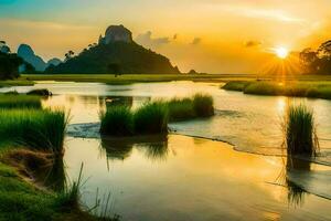 le Soleil ensembles plus de une rivière et herbeux champ. généré par ai photo