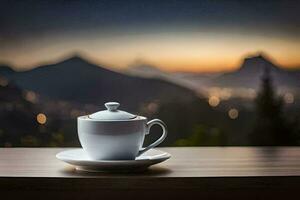 café tasse sur une table avec montagnes dans le Contexte. généré par ai photo