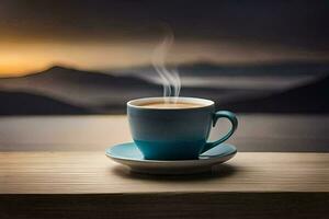 une tasse de café sur une table avec montagnes dans le Contexte. généré par ai photo