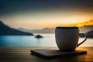 café tasse sur une en bois table avec montagnes dans le Contexte. généré par ai photo