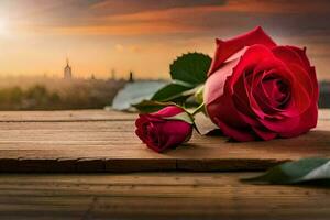 deux rouge des roses sur une en bois table avec une le coucher du soleil dans le Contexte. généré par ai photo