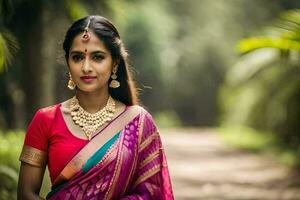 magnifique Indien femme dans traditionnel sari. généré par ai photo