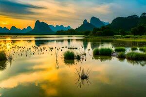 le Soleil ensembles plus de une Lac et montagnes dans Chine. généré par ai photo