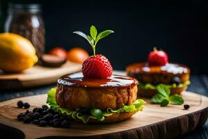 deux Gâteaux avec des fraises et Chocolat sur Haut. généré par ai photo