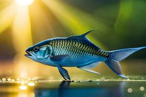 une poisson est permanent sur le l'eau avec lumière du soleil brillant. généré par ai photo