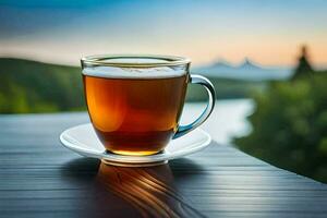 une tasse de thé sur une en bois tableau. généré par ai photo