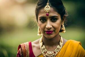 une magnifique Indien femme portant traditionnel bijoux. généré par ai photo