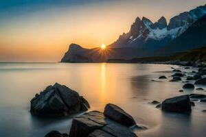 le Soleil monte plus de le montagnes dans cette photo. généré par ai photo