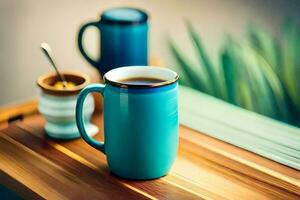 une bleu agresser et une tasse de café sur une en bois tableau. généré par ai photo