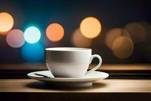 une tasse de café sur une table dans de face de une flou Contexte. généré par ai photo