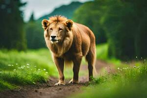 une Lion en marchant sur une saleté route dans le milieu de une vert champ. généré par ai photo