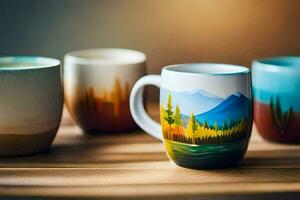 quatre des tasses avec Montagne scènes peint sur eux. généré par ai photo