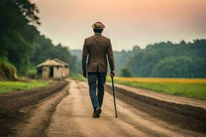 une homme en marchant vers le bas une saleté route avec une canne. généré par ai photo