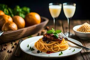 spaghetti avec poulet et des légumes sur une plaque. généré par ai photo