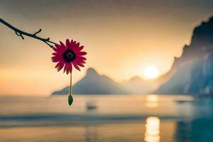 une fleur pendaison de une branche plus de le océan. généré par ai photo