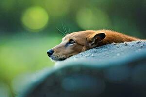 une marron chien pose sur Haut de une rock. généré par ai photo