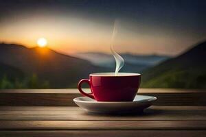 une tasse de café sur une en bois table avec une vue de le montagnes. généré par ai photo