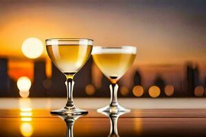 deux des lunettes de blanc du vin sur une table dans de face de une ville ligne d'horizon. généré par ai photo