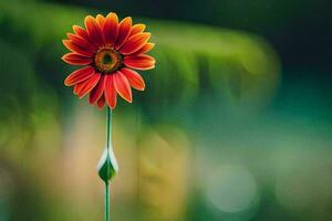 une Célibataire rouge fleur est permanent dans de face de une vert Contexte. généré par ai photo