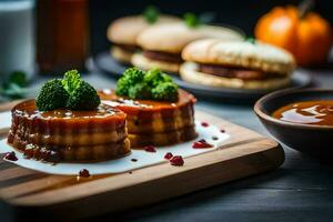 deux hamburgers avec sauce et brocoli sur une Coupe planche. généré par ai photo