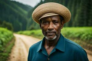 une homme portant une chapeau des stands sur une saleté route. généré par ai photo