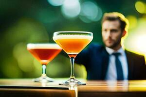 une homme dans une costume est en portant deux des lunettes de cocktails. généré par ai photo