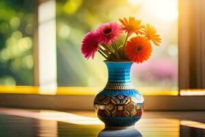 une vase avec coloré fleurs séance sur une tableau. généré par ai photo