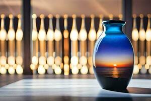 une vase avec une le coucher du soleil dans le Contexte. généré par ai photo