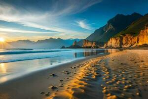 le Soleil monte plus de le plage et montagnes dans cette photo. généré par ai photo