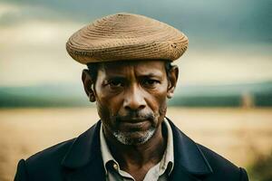 une homme portant une chapeau dans une champ. généré par ai photo