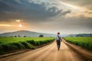 une homme en marchant vers le bas une saleté route dans une champ. généré par ai photo