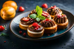 une assiette de desserts avec des fraises et Chocolat. généré par ai photo