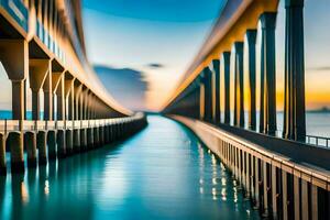 une longue pont avec l'eau écoulement en dessous de il à le coucher du soleil. généré par ai photo