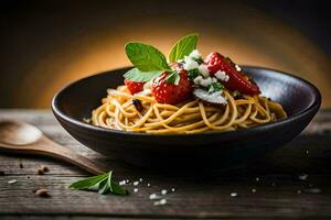 spaghetti avec tomates et feta fromage dans une bol. généré par ai photo