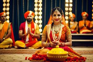 Indien la mariée dans traditionnel tenue séance sur sol avec autre femmes. généré par ai photo