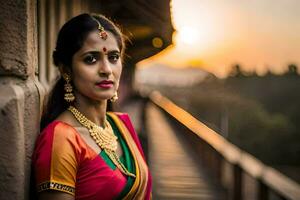 une magnifique femme dans une sari pose pour le caméra. généré par ai photo