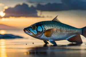 une poisson est permanent sur le plage à le coucher du soleil. généré par ai photo